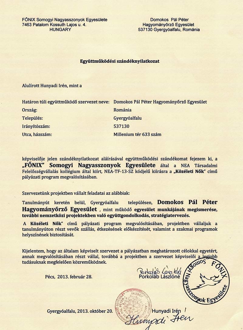 Domokos Pál Péter Hagyományőrző Egyesület, Gyergyóalfalu, Románia együttműködési megállapodás